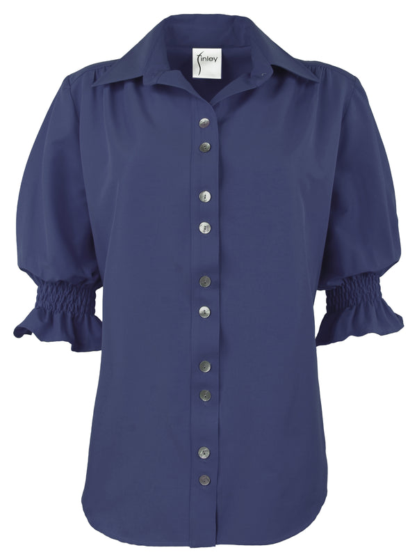 finley Sirena Button-down navy poplin blouse with short puff sleeves and a relaxed silhouette