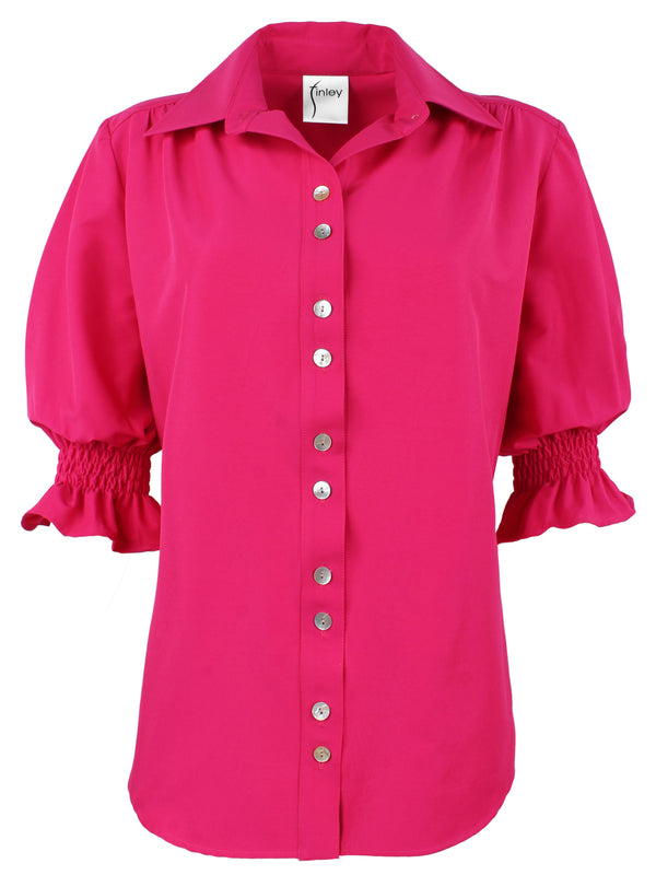 Finley Sirena Fuchsia Pink Stretch Viscose Blend Shirt With Short Puff Sleeves And A Relaxed Silhouette