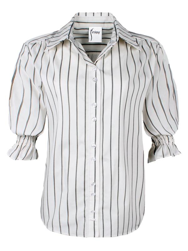 Finley Sirena Olive Green & White Pinstriped Cotton Blouse With Short Puff Sleeves And Relaxed Shape