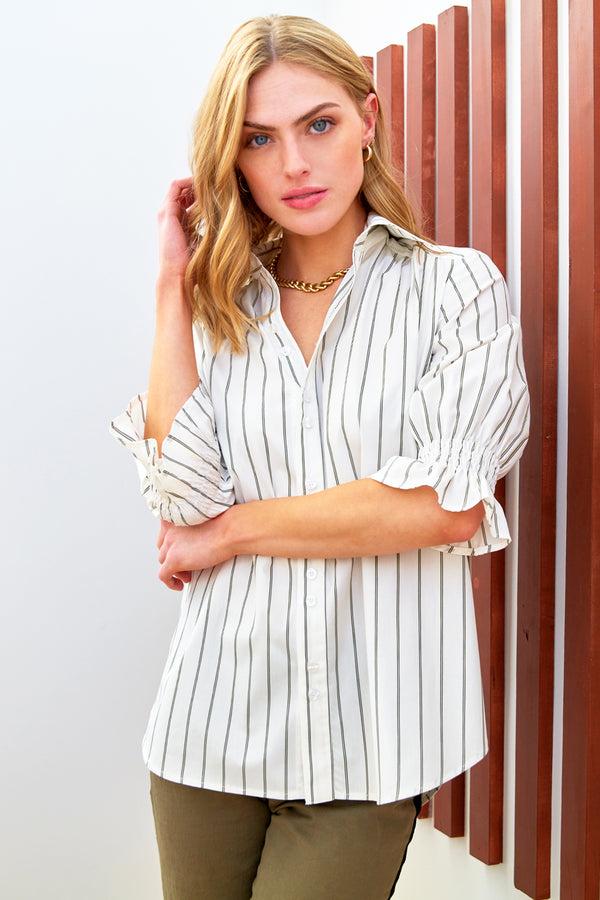 finley Sirena Olive green & white pinstriped cotton blouse with short puff sleeves and relaxed shape