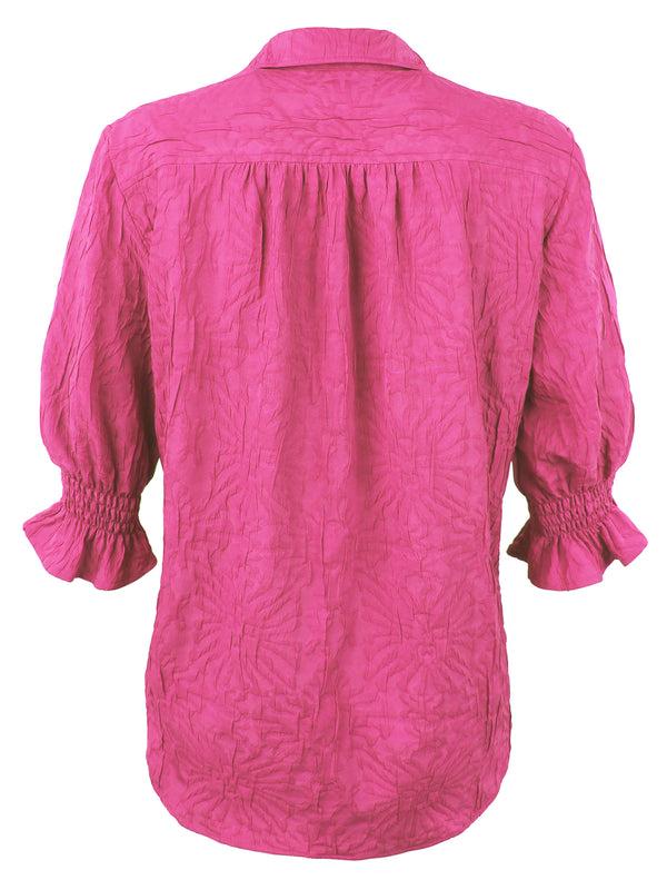 Finley Sirena Pink Tonal Textured Jacquard Shirt With Short Puff Sleeves And A Relaxed Silhouette