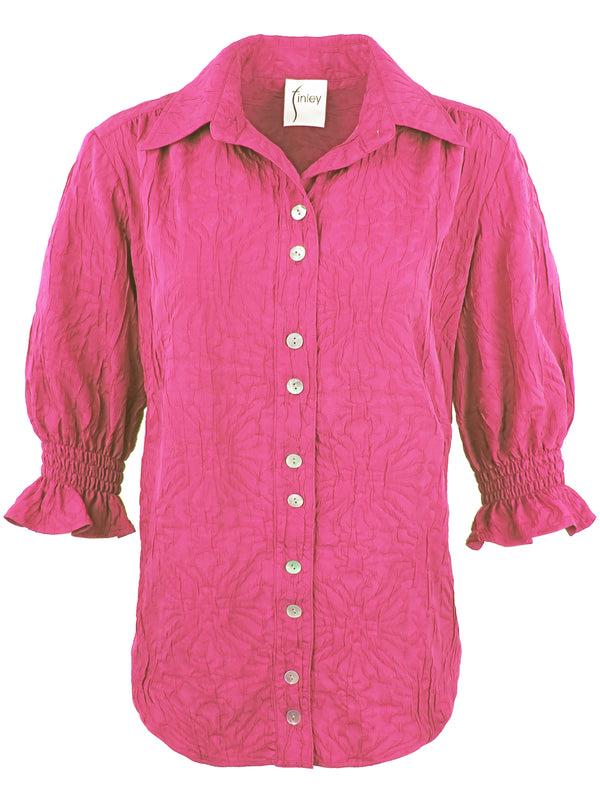 Finley Sirena Pink Tonal Textured Jacquard Shirt With Short Puff Sleeves And A Relaxed Silhouette