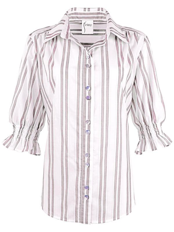 Finley Sirena Tan & White Striped Drop Needle Cotton Blouse With Short Puff Sleeves And Relaxed Shape