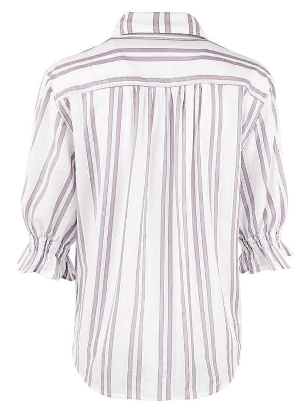 Finley Sirena Tan & White Striped Drop Needle Cotton Blouse With Short Puff Sleeves And Relaxed Shape