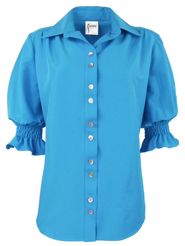 finley Sirena Turquoise blue stretch viscose blend shirt with short puff sleeves and a relaxed silhouette