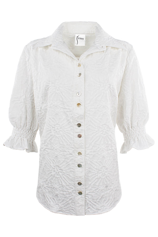 Finley Sirena White Tonal Textured Jacquard Shirt With Short Puff Sleeves And A Relaxed Silhouette