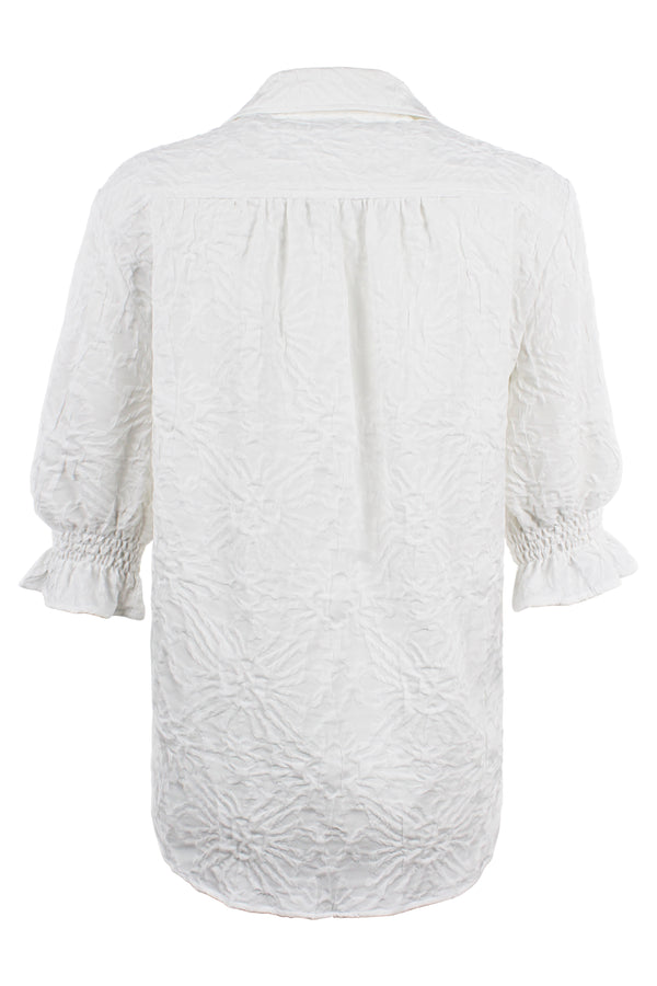 Finley Sirena White Tonal Textured Jacquard Shirt With Short Puff Sleeves And A Relaxed Silhouette