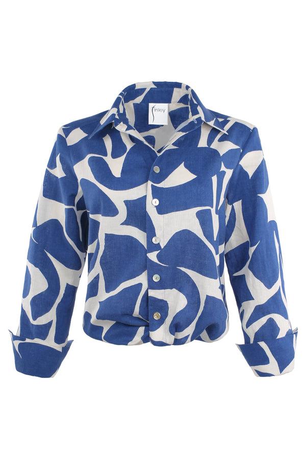 Finley Sloane Blue And Natural Puzzle Print Linen/cotton Blend Shirt With A Twist Front Hem & 3/4 Length Sleeves