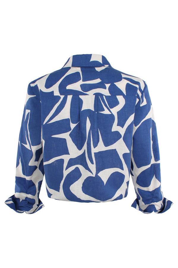 Finley Sloane Blue And Natural Puzzle Print Linen/cotton Blend Shirt With A Twist Front Hem & 3/4 Length Sleeves