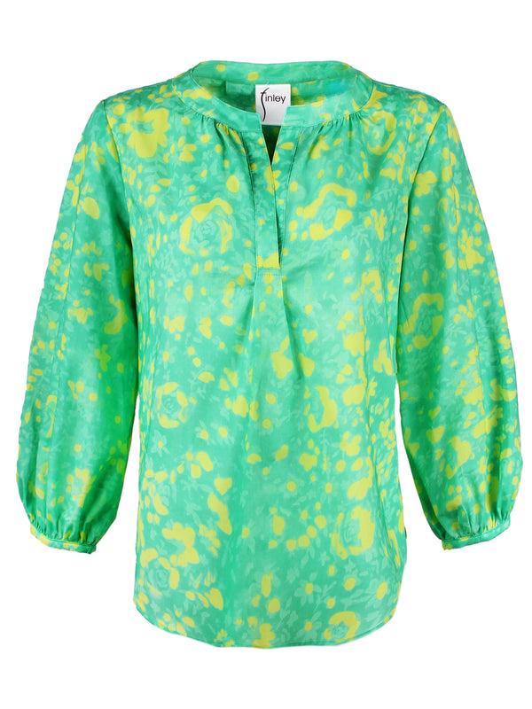 Finley Stephanie Bracelet Sleeve Popover Blouse With Relaxed Contour And A Green And Yellow Floral Print