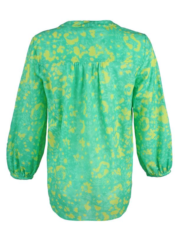 Finley Stephanie Bracelet Sleeve Popover Blouse With Relaxed Contour And A Green And Yellow Floral Print