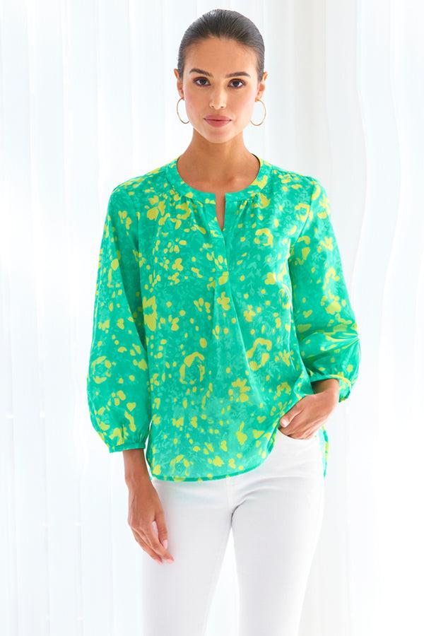 finley Stephanie Bracelet sleeve popover blouse with relaxed contour and a green and yellow floral print