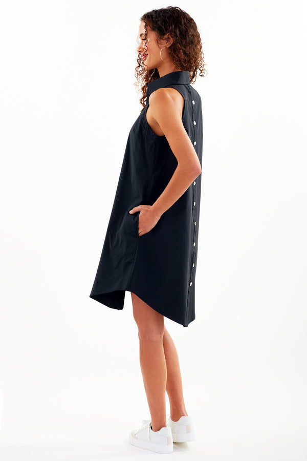 Finley Swing Dress Sleeveless Black Poplin Shirt Dress With A Relaxed A-line Silhouette