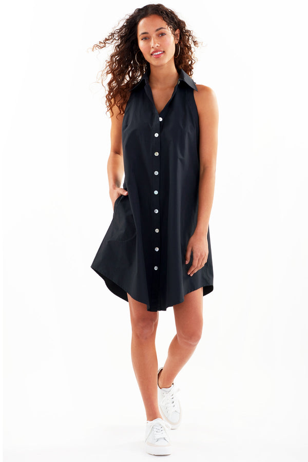 finley Swing Dress Sleeveless black poplin shirt dress with a relaxed A-line silhouette
