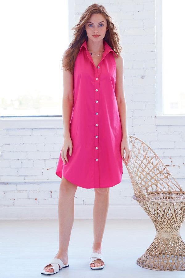 finley Swing Dress Sleeveless fuschia poplin shirt dress with an A-line shape