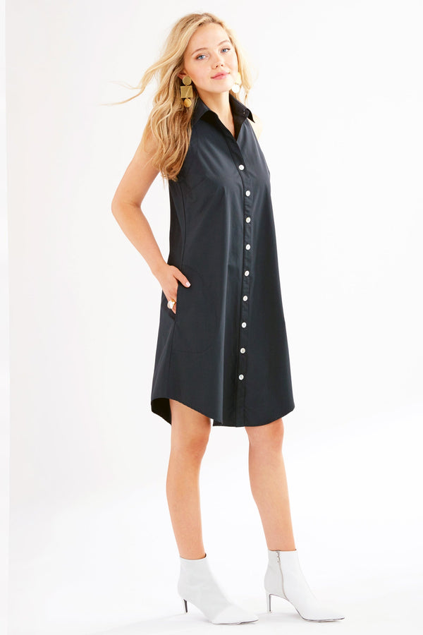 Finley Swing Dress Sleeveless Navy Poplin Shirt Dress With A Relaxed A-line Silhouette