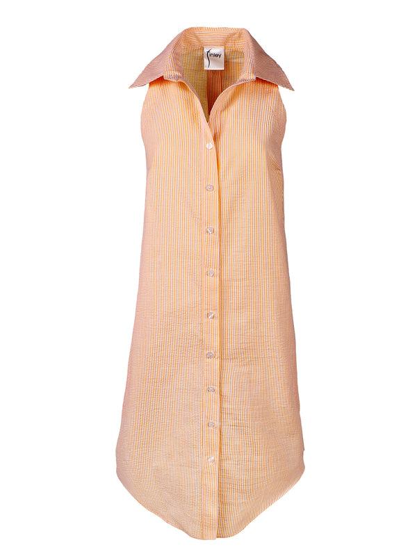 finley Swing Dress Sleeveless swing dress with a relaxed A-line silhouette with orange & white seersucker stripe