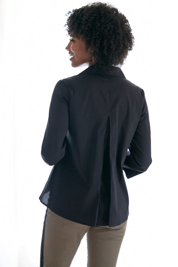 Finley Swing Shirt Silky Black Poplin Blouse With 3/4 Sleeves And An Inverted Back Pleat