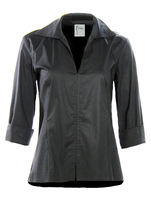 Finley Swing Shirt Silky Black Poplin Blouse With 3/4 Sleeves And An Inverted Back Pleat