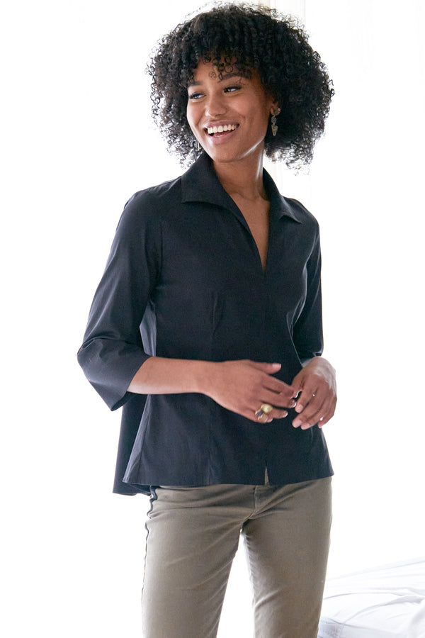 finley Swing Shirt Silky black poplin blouse with 3/4 sleeves and an inverted back pleat