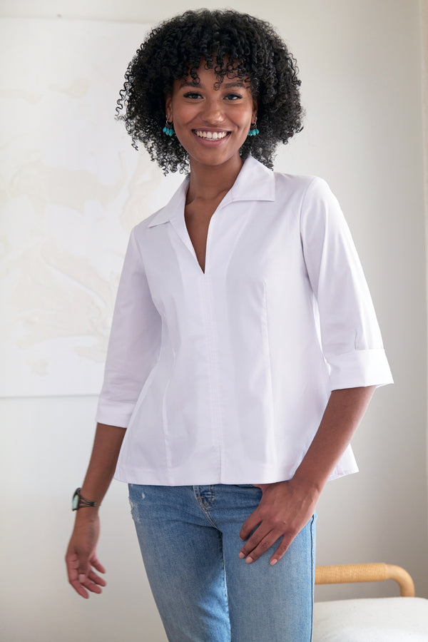Finley Swing Shirt Silky White Poplin Blouse With 3/4 Sleeves And An Inverted Back Pleat