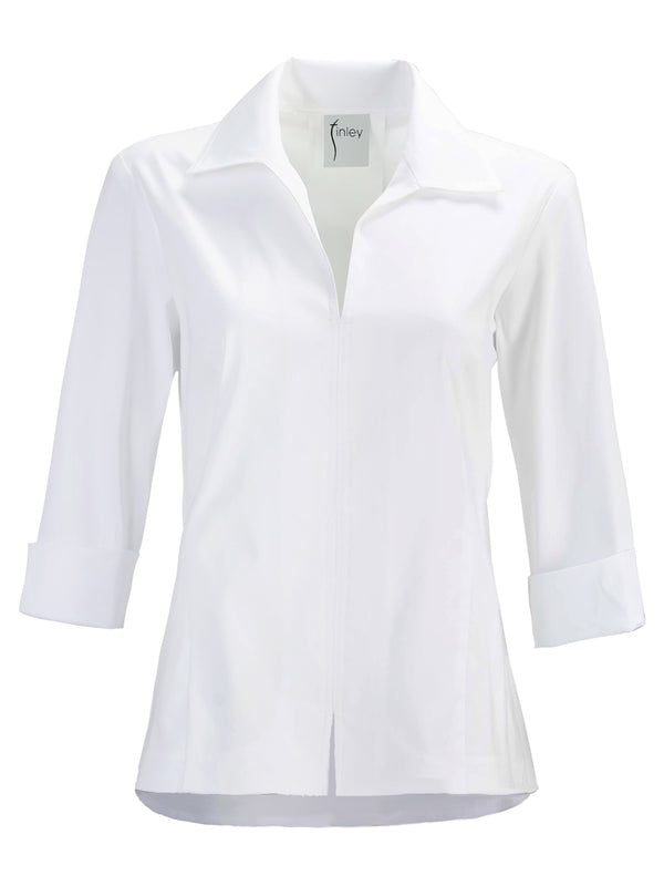 Finley Swing Shirt Silky White Poplin Blouse With 3/4 Sleeves And An Inverted Back Pleat