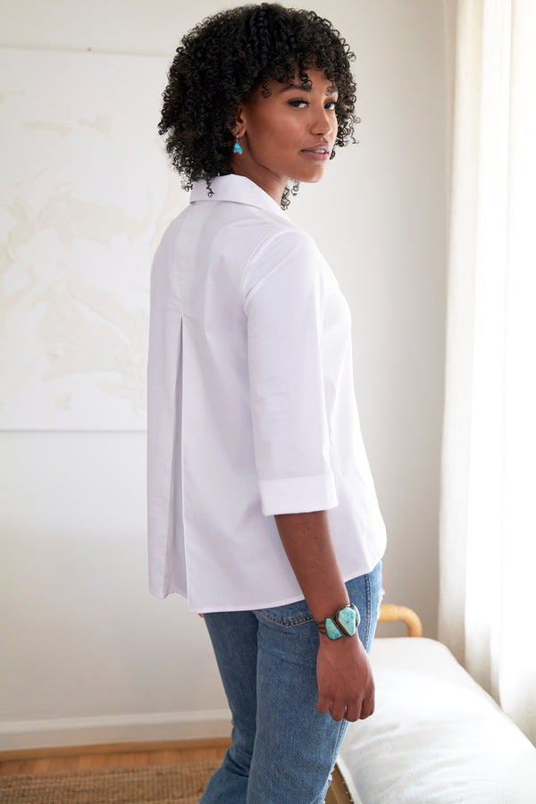 finley Swing Shirt Silky white poplin blouse with 3/4 sleeves and an inverted back pleat