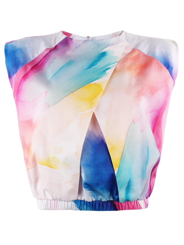 Finley Sydney Pastel Watercolor Pullover Blouse With A Crew Neckline And Cap Sleeves