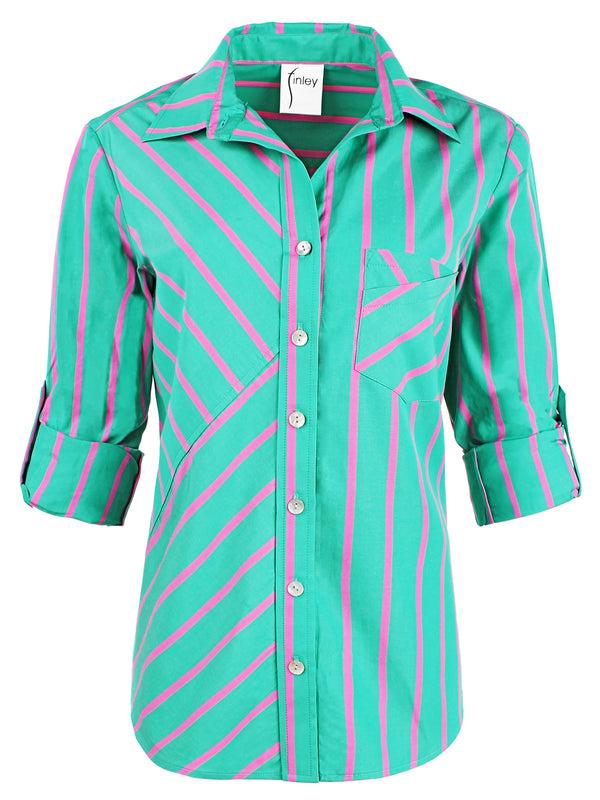 Finley Teigan Relaxed Contour Blouse With Green & Pink Menswear Stripe And A Front Chest Pocket
