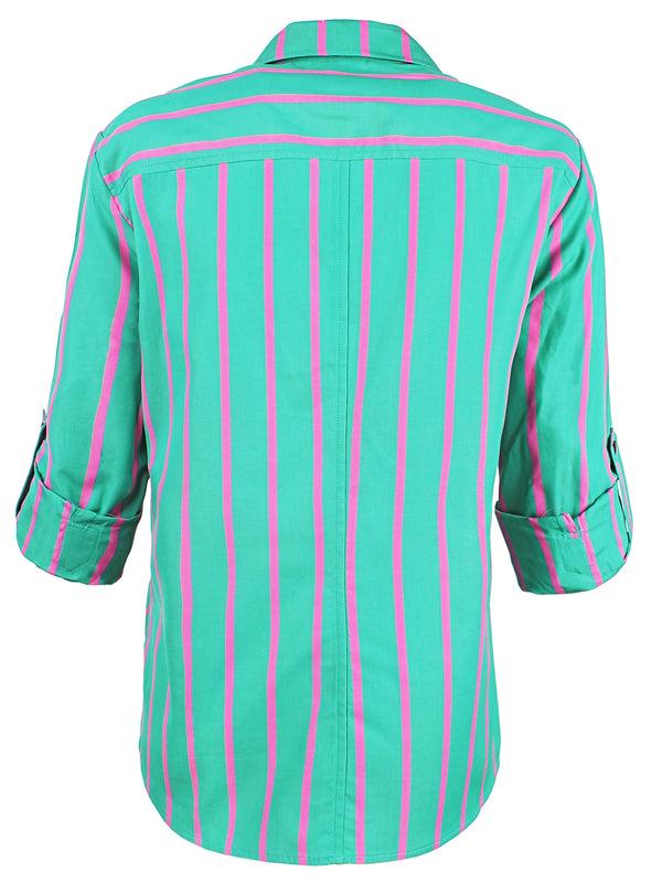 Finley Teigan Relaxed Contour Blouse With Green & Pink Menswear Stripe And A Front Chest Pocket