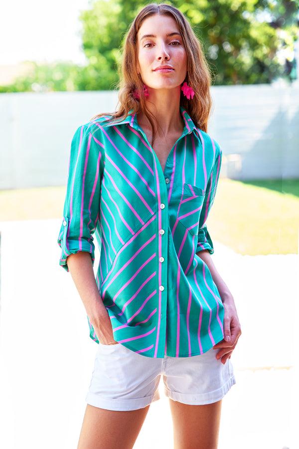 finley Teigan Relaxed contour blouse with green & pink menswear stripe and a front chest pocket