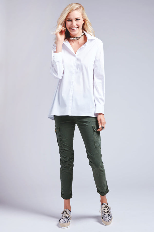 finley Trapeze Top White tunic top with a relaxed A-line shape