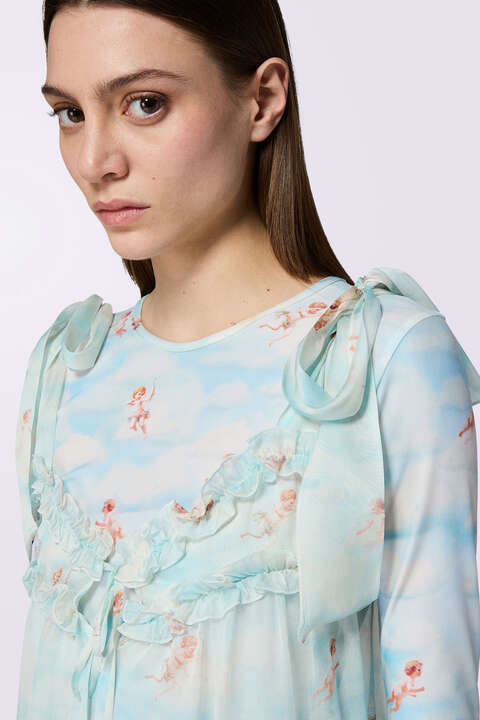 Fiorucci Beatitudo Print Silk Chiffon Mini Dress Blue