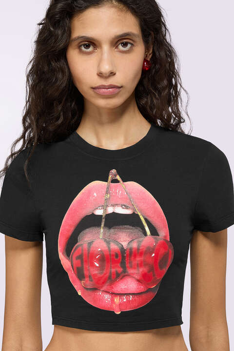 Fiorucci Cherry Mouth Graphic Crop T-Shirt Black