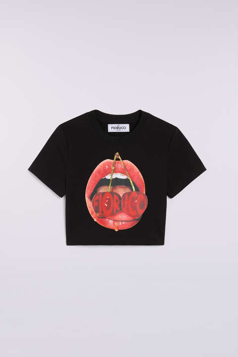 Fiorucci Cherry Mouth Graphic Crop T-Shirt Black