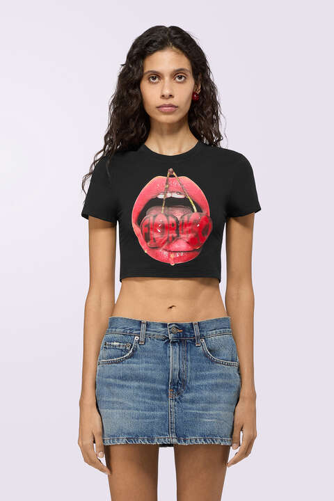 fiorucci Cherry Mouth Graphic Crop T-Shirt Black