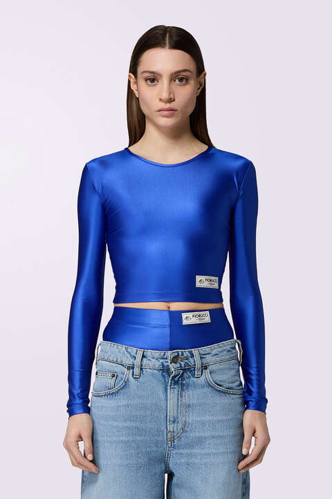 fiorucci Label Long Sleeve Crop Top Blue