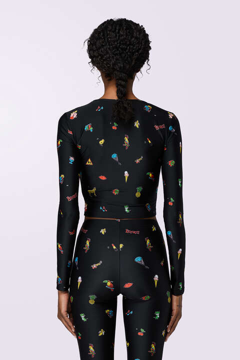 Fiorucci Toys Print Long Sleeve Crop Top Black