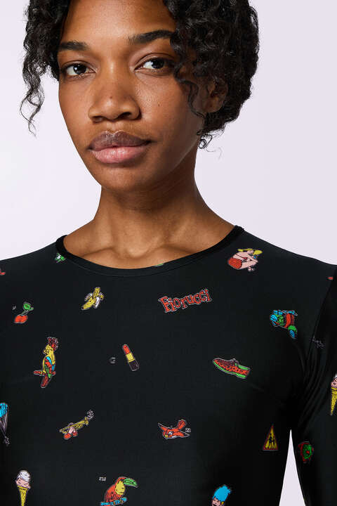 Fiorucci Toys Print Long Sleeve Crop Top Black
