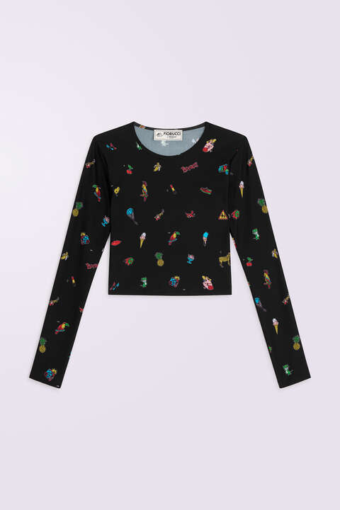 fiorucci Toys Print Long Sleeve Crop Top Black