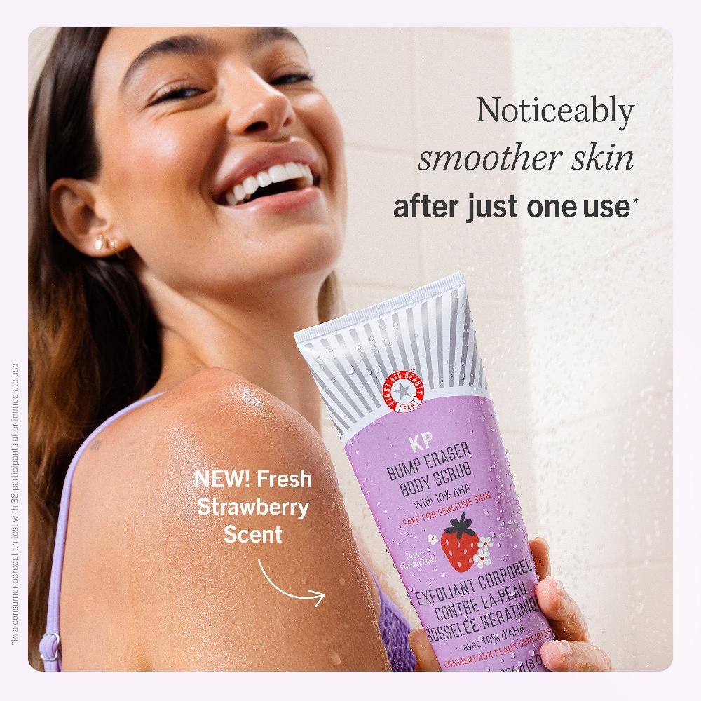First Aid Beauty KP Bump Eraser Body Scrub 10% AHA Fresh Strawberry Travel Size Exfoliator