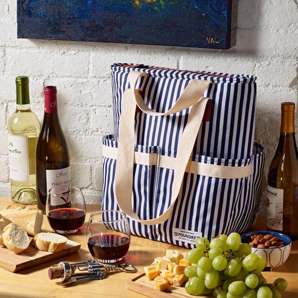 Fit & Fresh Wine Cooler Tote Navy Vineyard Stripe