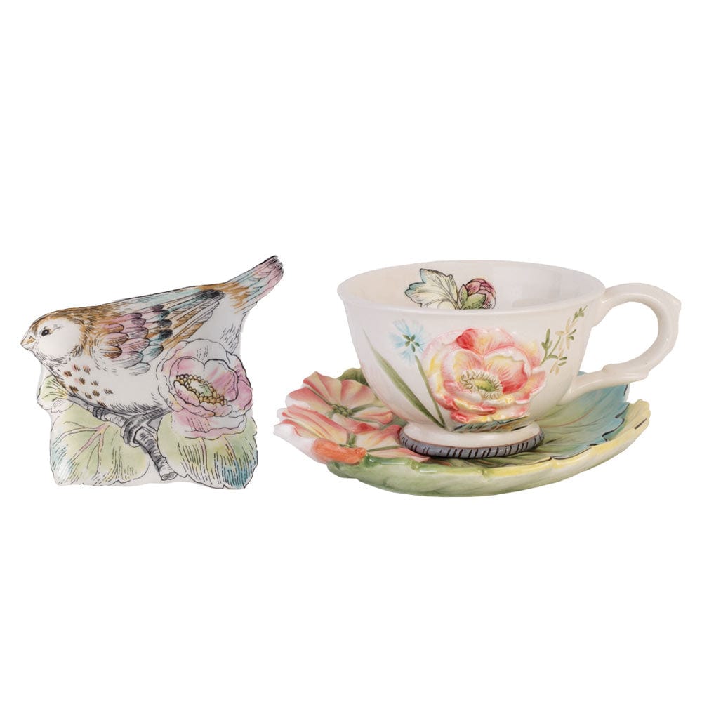 Fitz And Floyd English Garden Set Of 2 Tea Cup And Saucer With Tea Rest