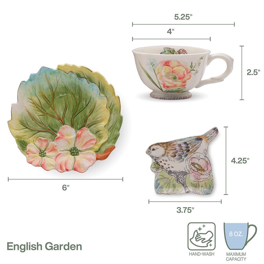 Fitz And Floyd English Garden Set Of 2 Tea Cup And Saucer With Tea Rest