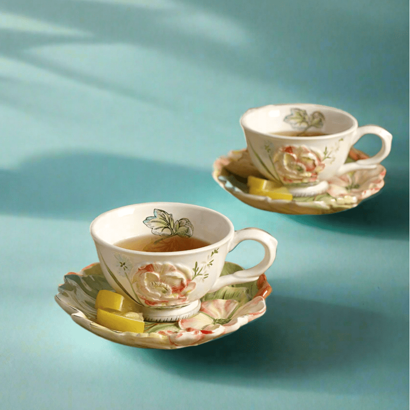 fitz and floyd English Garden Set of 2 Tea Cup and Saucer with Tea Rest