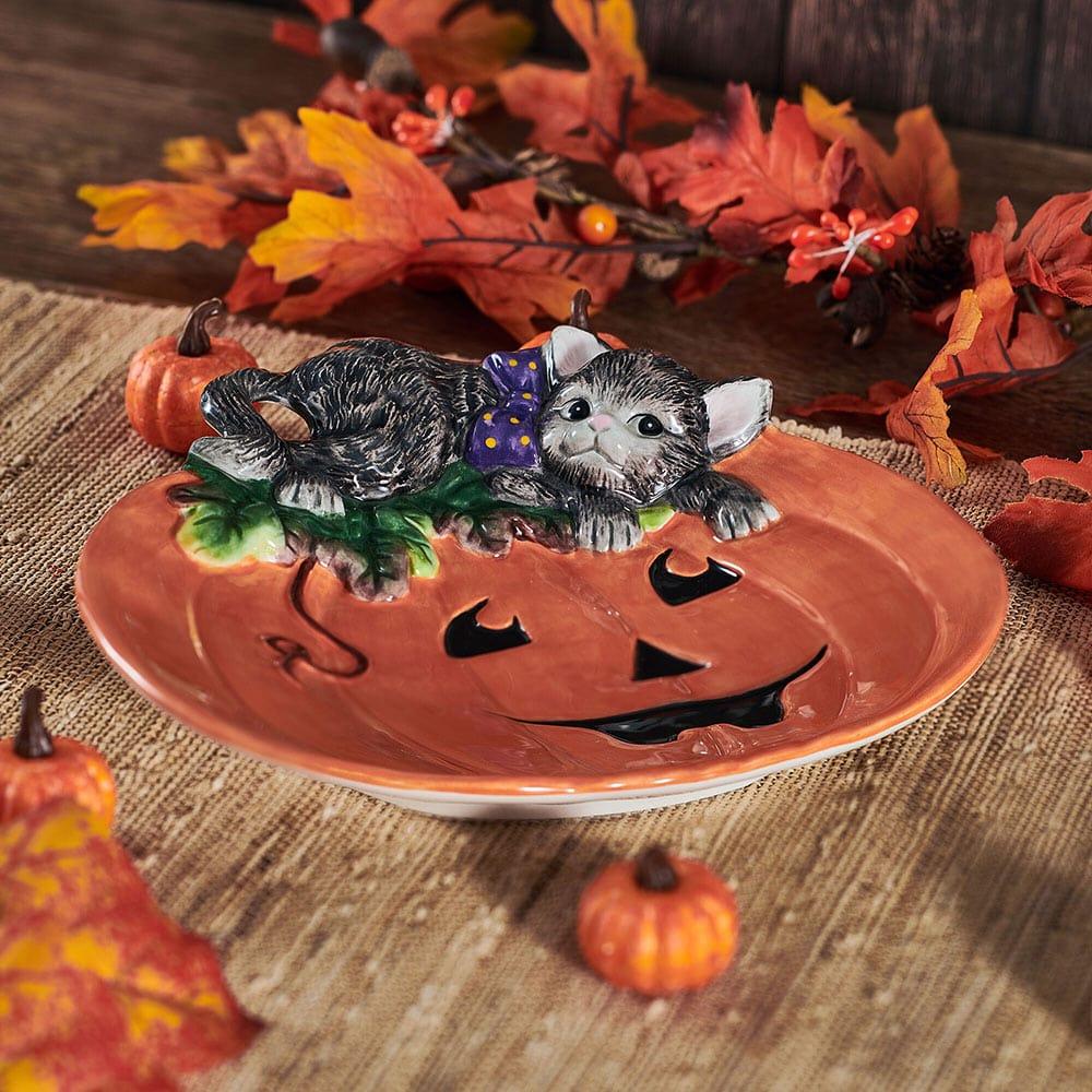 Fitz And Floyd Halloween Kitty And Pumpkin Figural Snack Plate