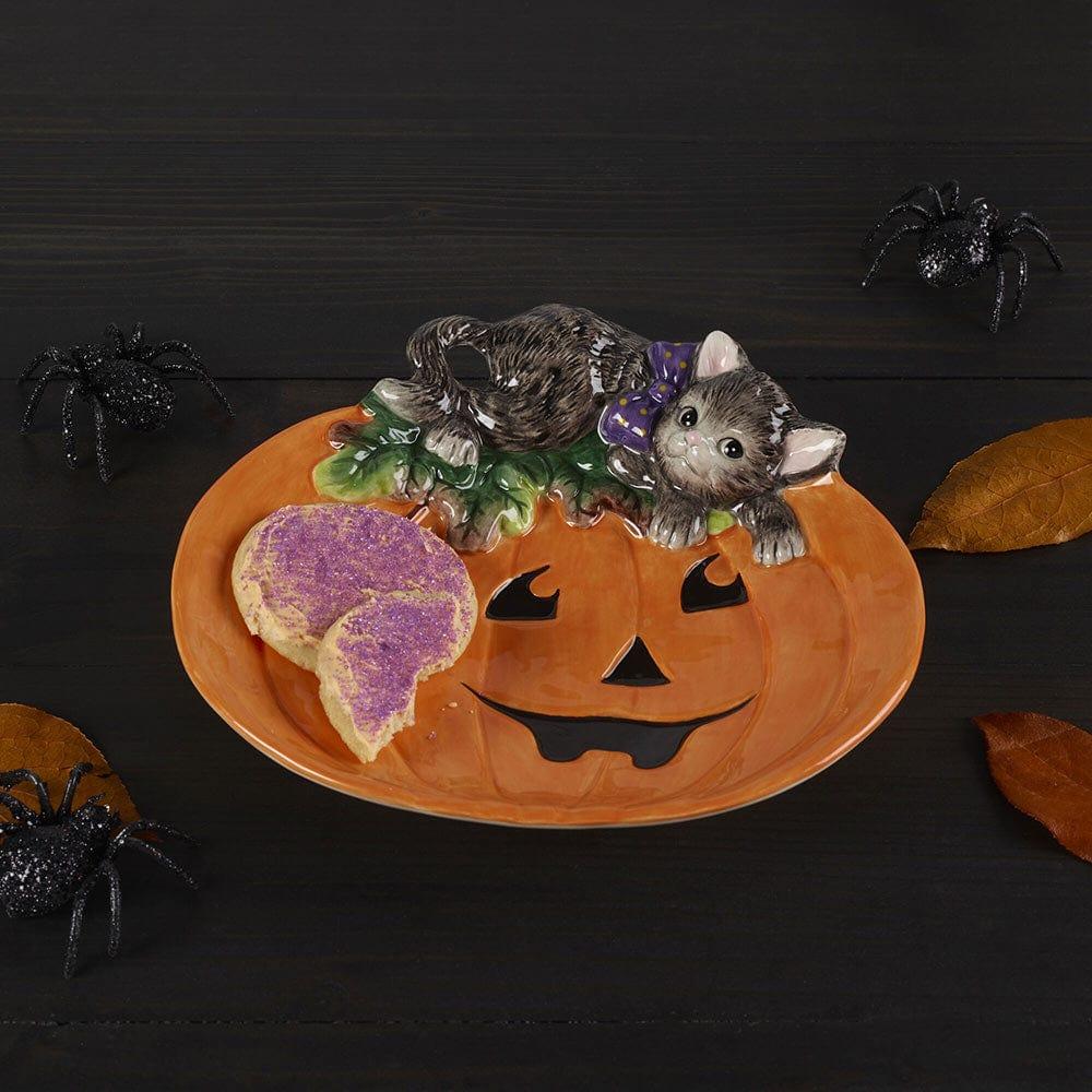 fitz and floyd Halloween Kitty and Pumpkin Figural Snack Plate