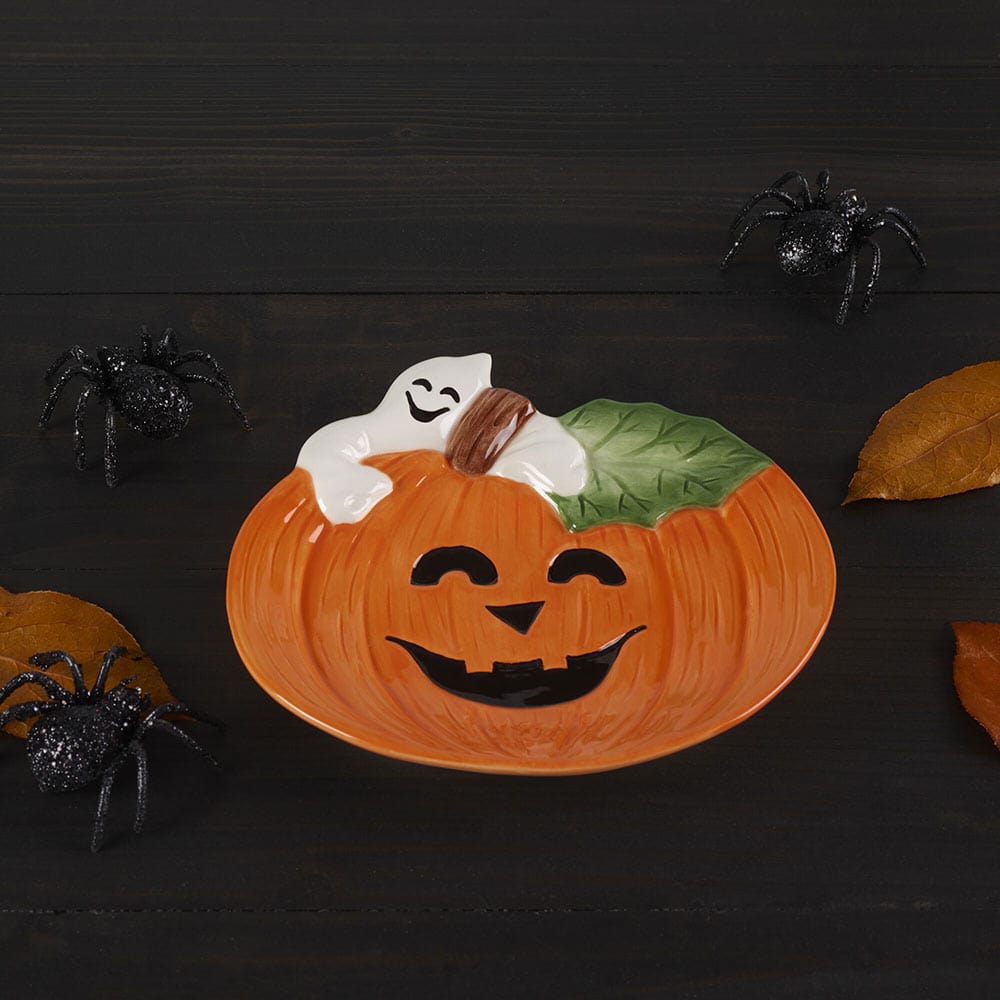 fitz and floyd Halloween Pumpkin and Ghost Figural Snack Plate