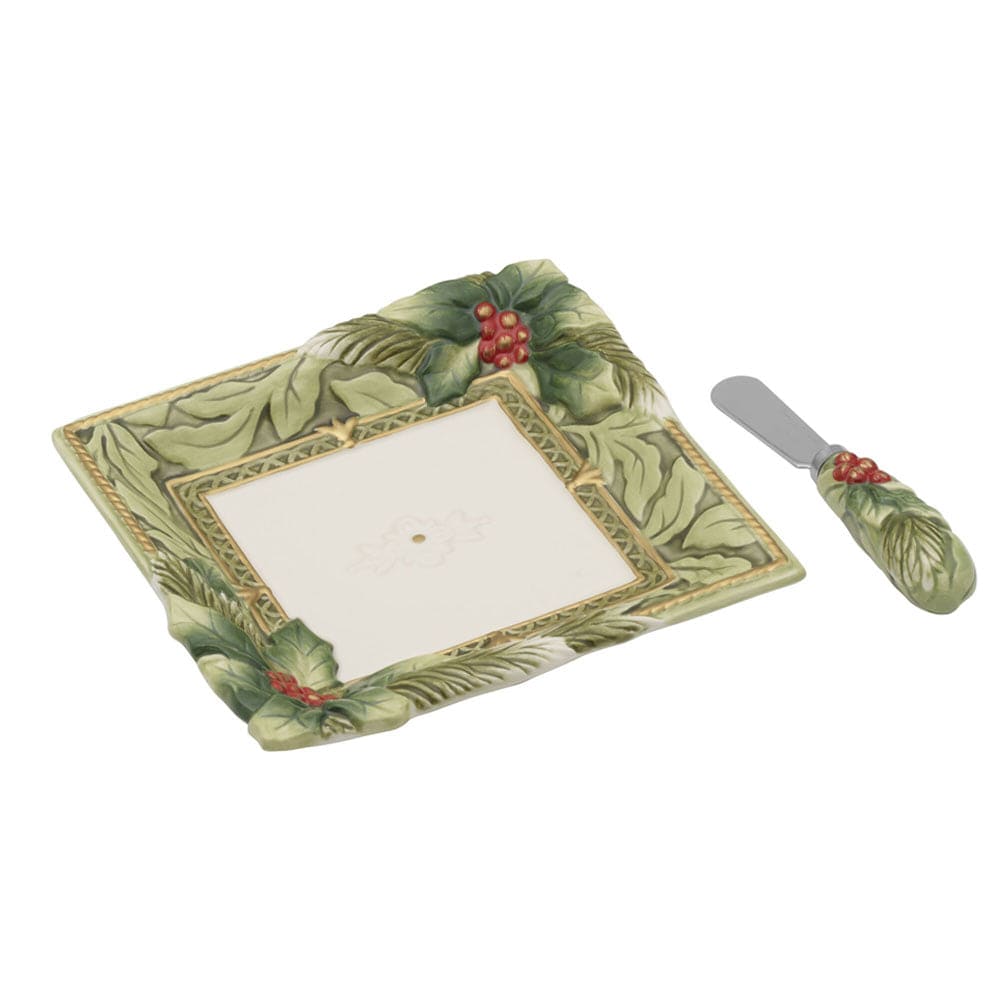 Fitz And Floyd Holiday Home Green Appetizer Plate And Spreader Set