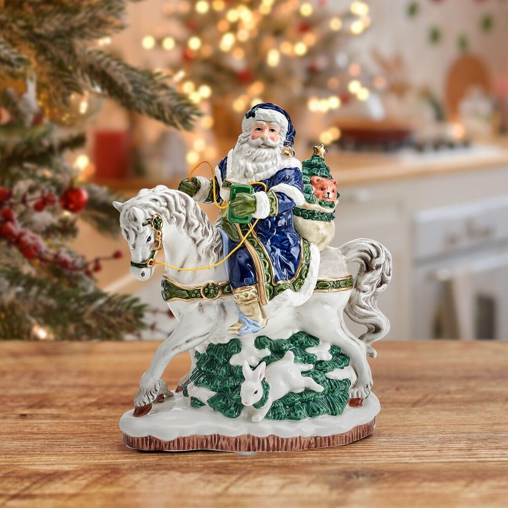 fitz and floyd Holiday Musical Blue Santa on Horse Figurine 7.75 IN